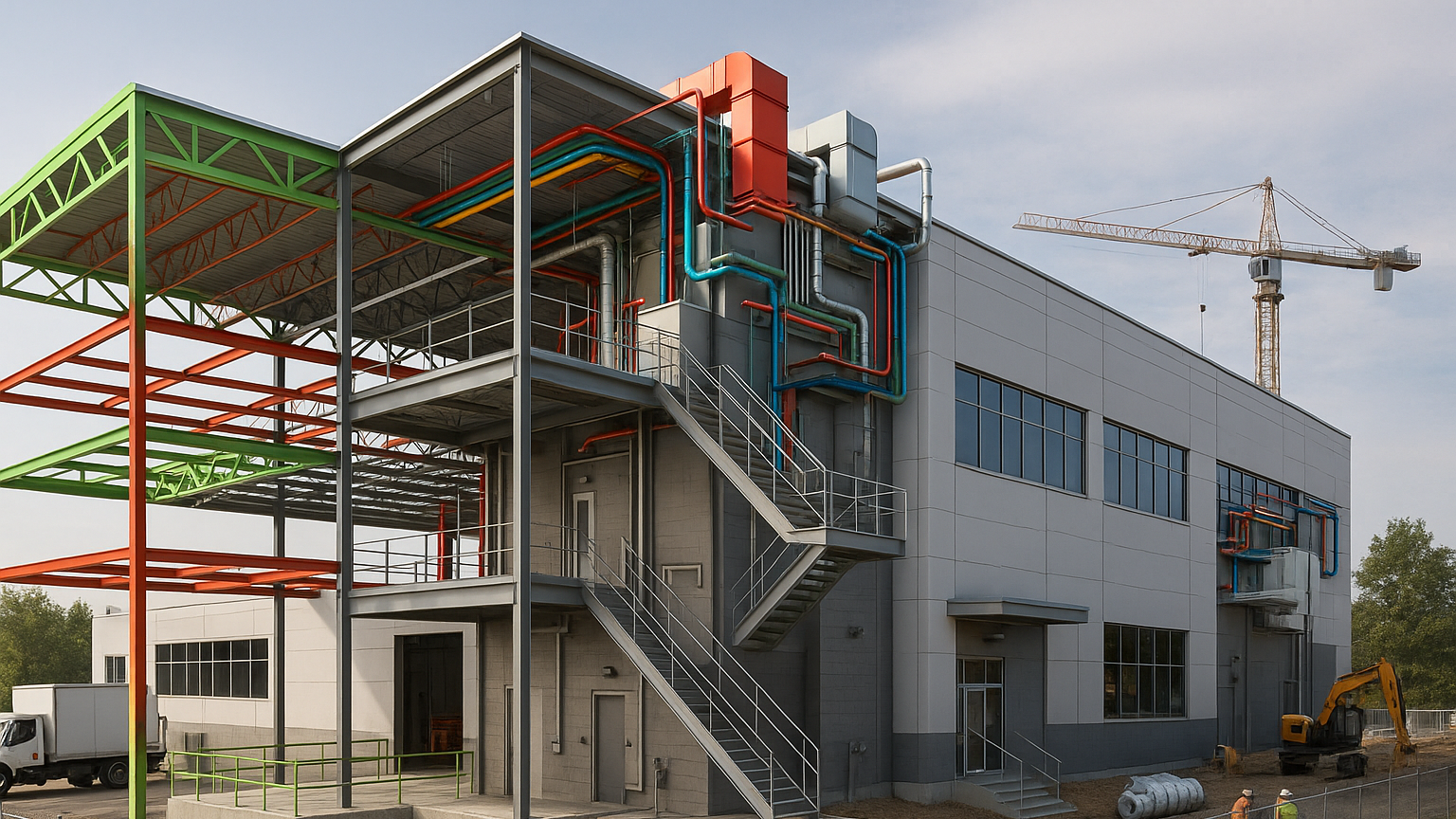 Modelo BIM de construcción con tuberías y estructura de colores